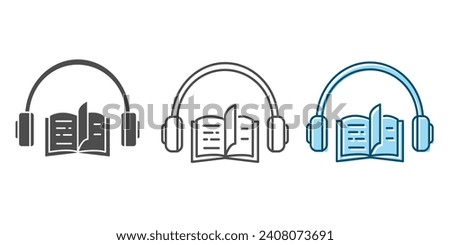 Audiobook icon set. Book and headphones outline vector icon. Vector illustration on a white background