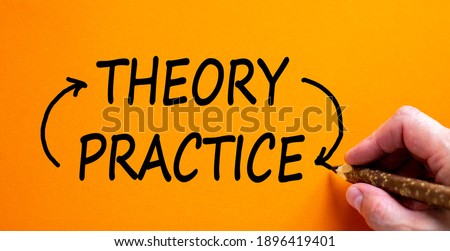 Theory and practice cycle symbol. Hand writing 'Theory and Practice cycle', isolated on beautiful orange background. Business and theory and practice cycle concept. Copy space.