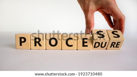 Process or procedure symbol. Businessman turns wooden cubes, changes a word 'process' to 'procedure'. Beautiful white background. Business and process or procedure concept. Copy space.