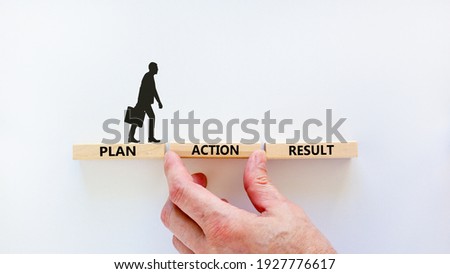 Plan, action, result symbol. Wooden blocks form the words 'plan, action, result' on beautiful white background. Businessman hand. Business, plan, action, result concept. Copy space.
