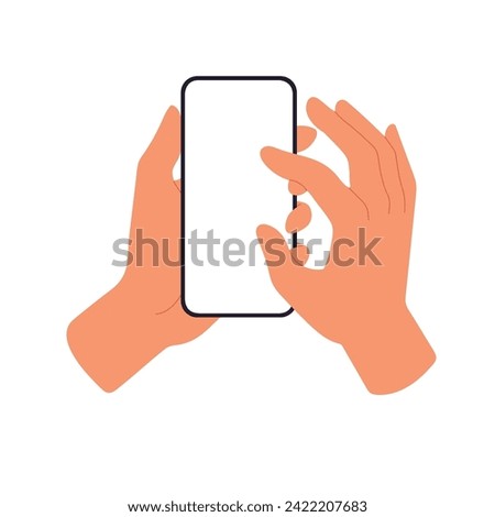 Mobile phone screen in hand. Fingers enlarging photo on blank display mockup. Flat vector illustration isolated on white