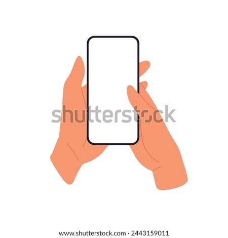 Mobile phone screen mockup in hand. Thumb finger scrolling smartphone display. Flat vector illustration isolated on white.