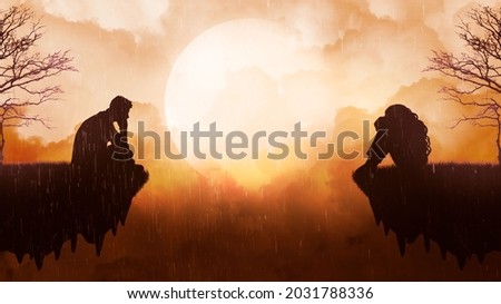 Sitting silhouettes of a man and a woman in the rain, the outlines of lonely people on small islands against the background of a warm sky with fluffy clouds and a bright large moon. Photo stock © 