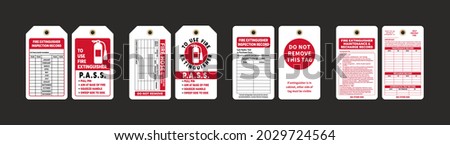 Fire Extinguisher Inspection Record Tag vector illustrations. Four types of front and back design templates. Isolated on black background.