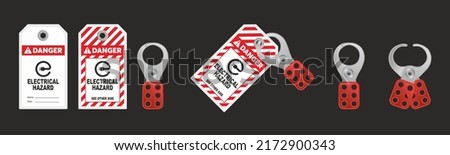 Lock out, tag out with a electrical hazard danger tag vector illustration. Danger and electrical hazard warning. Machine and electrical system and safety equipment. Isolated on black background.