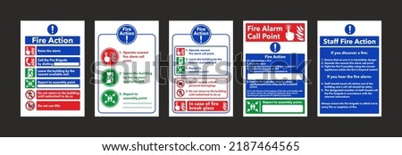 Fire action notice sign instructions vector set. Five different version.