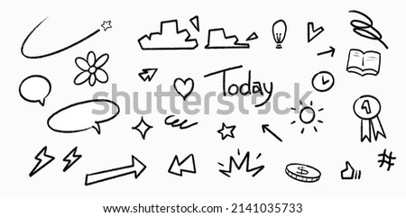 Hand drawn doodle illustration for diary with elements such as doodles, stars, sparkles and hearts, decorations, frames, books, money, weather, arrows.