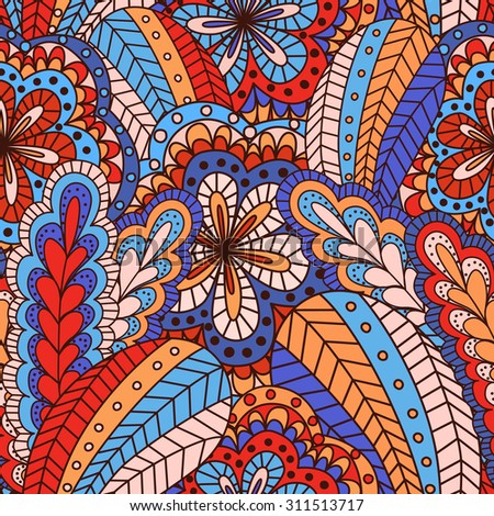 Hand drawn seamless pattern with floral elements. Colorful background. Pattern can be used for fabric, wallpaper or wrapping.