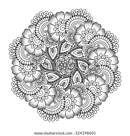 Round Element For Coloring Book. Black And White Ethnic Henna Pattern ...