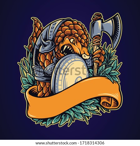 animal pangolin warrior with ribbon banner for your work Logo merchandise t-shirt, stickers and Label, poster, greeting cards advertising business company or brands.