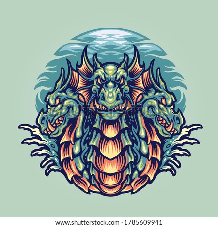 Dragon Hydra Character Mascot Illustrations for merchandise and clothing line 
