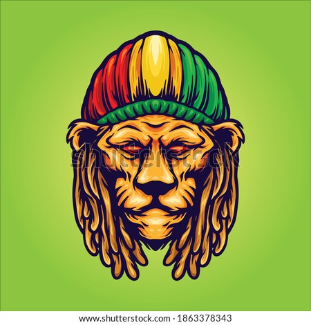 Head Lion with Jamaican hat mascot for your work Logo merchandise clothing line, stickers and poster, greeting cards advertising business company or brands