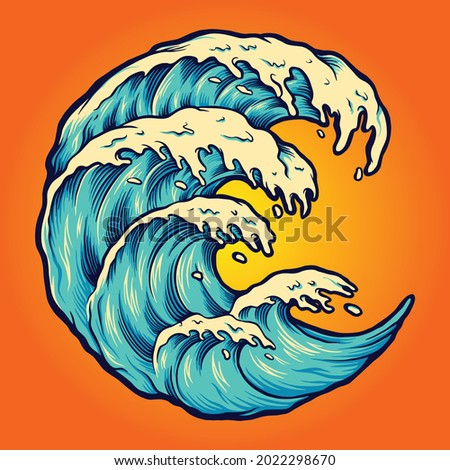 Ocean Wave Beach Crashing Vector illustrations for your work Logo, mascot merchandise t-shirt, stickers and Label designs, poster, greeting cards advertising business company or brands.