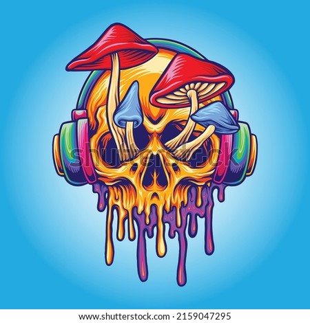 Funky psychedelic skull mushroom vector illustrations for your work logo, merchandise t-shirt, stickers and label designs, poster, greeting cards advertising business company or brands