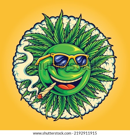 Funny smile emoji smoking weed vector illustrations for your work logo, merchandise t-shirt, stickers and label designs, poster, greeting cards advertising business company or brands