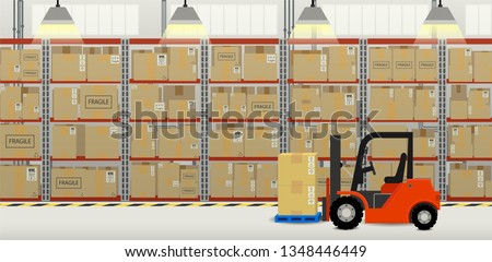 Forklift truck in distribution warehouse flat design vector illustration