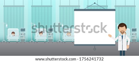 Medical service concept with blank screen projector and patient with ventilator flat design vector illustration