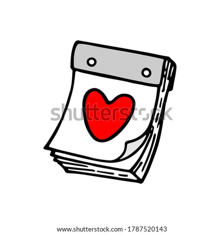 Vector hand drawn tear-off calendar with heart. Outline doodle icon. Sketch illustration for print, web, mobile and infographics isolated on white background. February love month. Valentine day theme