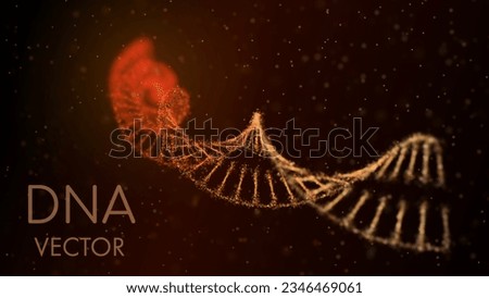 DNA helix in a medium of particles. Depth of field. 3D. Medical science background. Gene cell concept vector. Warm colors.