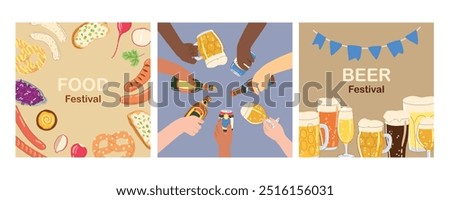 Set of Cheers post card with different types of beer, glasses in hands, traditional German food. Hand drawn trendy flat vector illustrations for bar menu, beer and food festival.