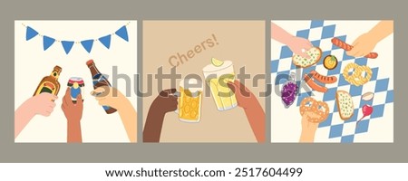 Set of Cheers post card with different types of beer, glasses in hands, traditional German food. Hand drawn trendy flat vector illustrations for bar menu, beer and food festival.