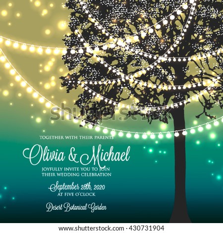 Wedding invitation with glowing lights on the tree. Garden party invitation. Inspiration card for wedding, date, birthday, tea party