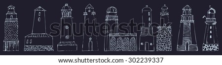 vector sketches of buildings of varying architecture lighthouses
