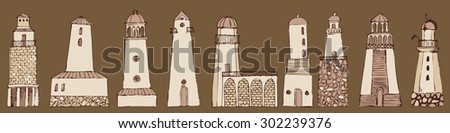 vector sketches of buildings of varying architecture lighthouses