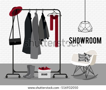 Vector illustration with coat rack, showroom. Closet with clothes, bags, boxes and shoes in flat style
