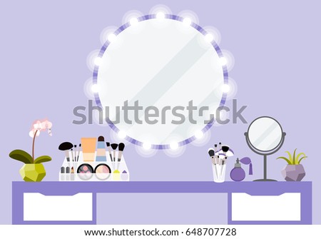 Vector illustration with make-up vanity table, mirror and cosmetics product in flat style