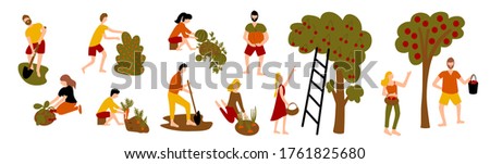 set of harvesting people. autumn farm work. farmers collection set. Women and men pick vegetables and fruits. 
