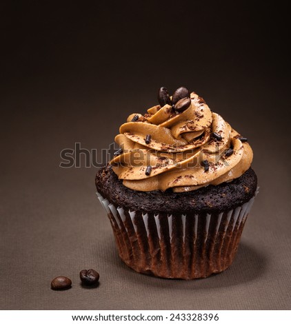 A chocolate cup cake with  mocha icing and sprinkles