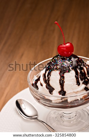 ice cream sundae with chocolate sauce and a cherry on top