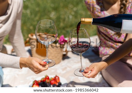 Similar – Foto Bild Picknick-Korb mit Wein, Baguette, Weinglas, Blumen, Kerze und Picknick-Decke auf grünem Gras Hintergrund. Romantisches Picknick Vorbereitung im Sommer. Ansicht von oben.