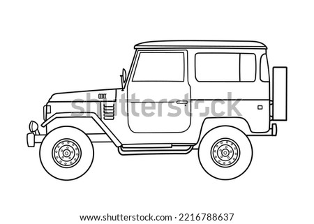 Off-road travel suv car side view. Vector outline doodle illustration