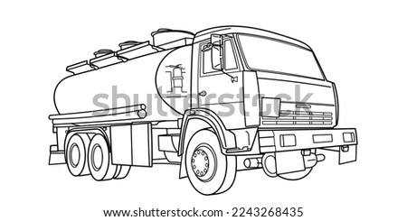 Doodle vector contour, outline tank truck wide angle side and front view. Truck; semitrailer tank. Oil, fuel tanker. Freight, liquid transportation. For coloring book page. Urban cargo transportation