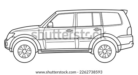 Classic luxury suv car. Crossover car side view shot. Outline doodle vector illustration. Design for print, coloring book	
