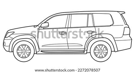 Classic luxury suv car. Crossover car front view shot. Outline doodle vector illustration. Design for print, coloring book.	