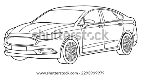 Classic business class sedan car. 4 door car on white background. Side and front view shot. Outline doodle vector illustration