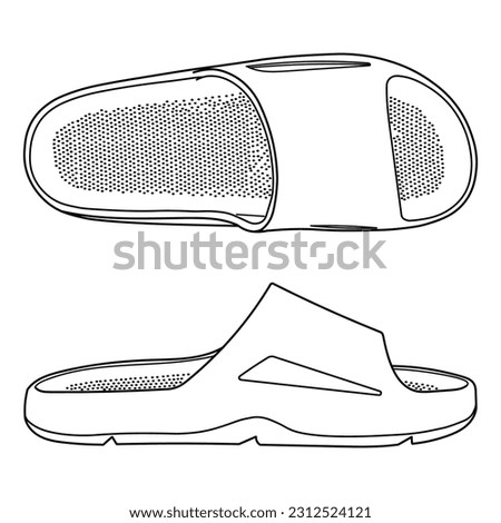 Flip flop sandal shoes for men. Diferent wievs: Up, Top side, outline vector doodle illustration. Flip flop sandal shoes for men. Up side vector doodle illustration.