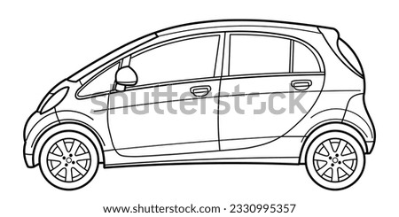 Outline drawing of a compact city hatchback car from side view. Vector outline doodle illustration. Design for print or color book.