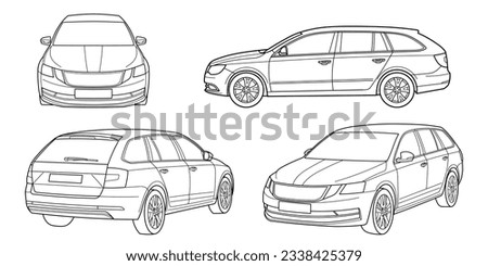 Set of classic station wagon. Different five view shot - front, rear, side and 3d. Outline doodle vector illustration	
