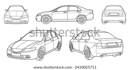 Set of classic sedan car. Different five view shot - front, rear, side and 3d. Outline doodle vector illustration