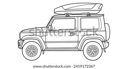 Classic compact suv car. Crossover car front view shot. Car with trevel box. Outline doodle vector illustration. Design for print, coloring book	