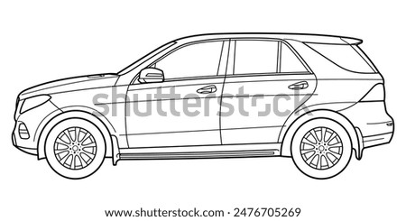 Classic luxury suv car. Crossover car side view shot. Outline doodle vector illustration. Design for print, coloring book