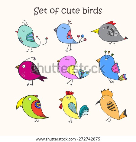 Set of 9 cute birds in vector. Colorful birds doodle collection.