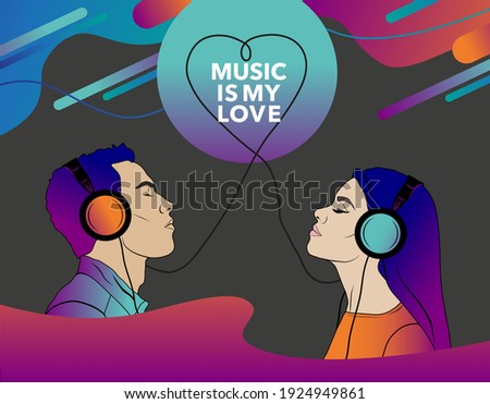 girl and guy listening to music on headphones. A couple in love listening to quiet music together with their eyes closed