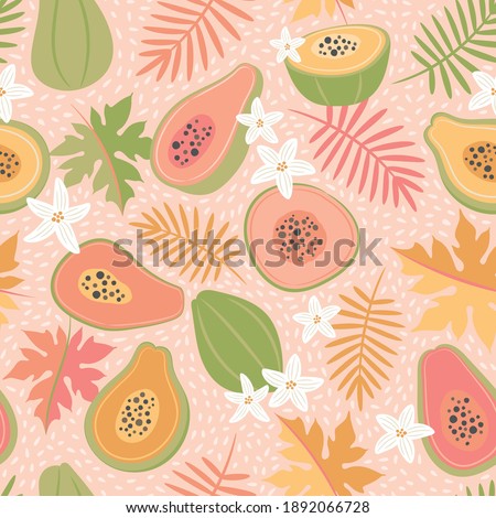 Cute, colourful papaya tropical fruit seamless vector pattern on a light pink background. Pink, green, gold leaves and fruit.