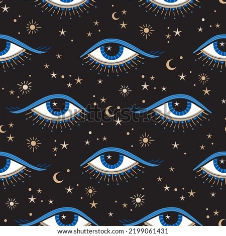 Evil eye vector seamless pattern. Magic, witchcraft, occult symbol, line art collection. Hamsa eye, magical eye, decor element. Blue, white, golden eyes. Fabric, textile, giftware, wallpaper.