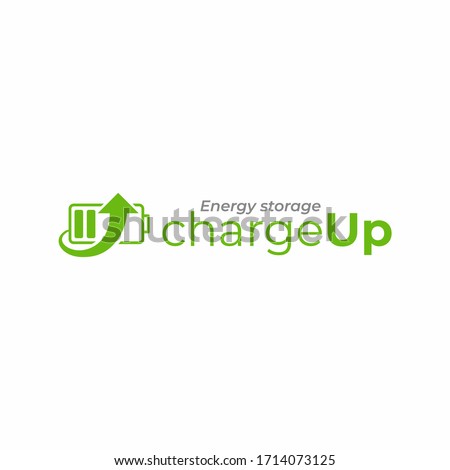 Charge up logo template, battery logotype. Battery with bent arrow vector design. Energy icon. Storage logo. Battery recycling icon.